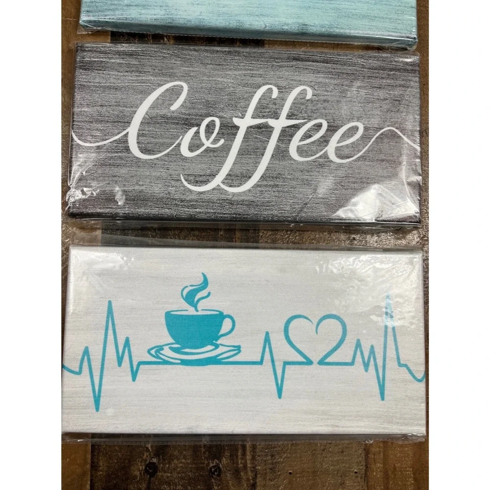 Set of 3 Coffee Canvas Wall Art Signs But First Coffee Kitchen Decor Teal Grey